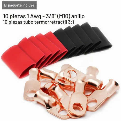 Vista 2 de 10 piezas de lengüetas de batería de 1 AWG-3/8, lengüetas de cable de cobre, extremos de cable de batería resistentes listados UL, terminales