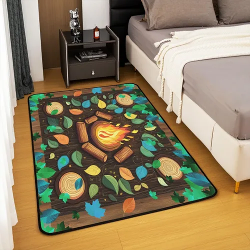 Vista 4 de Alfombra de fogata de 3 x 5 pies, decoración de tocones de árbol de bosque para niñas, mujeres, hombres y adolescentes, alfombra de madera marrón