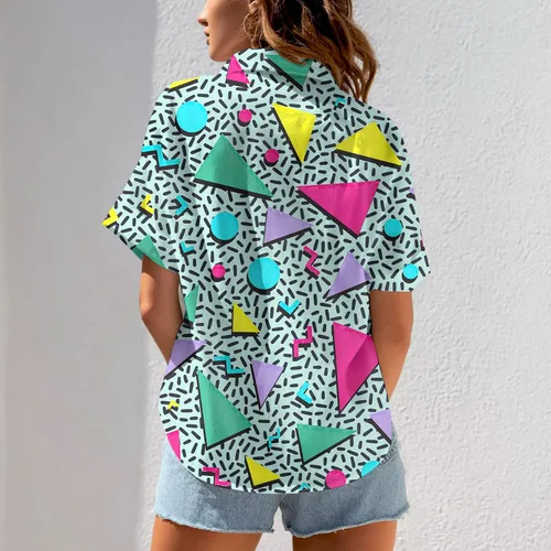 Vista 5 de HUGLAZY Traje de los años 80 para mujer, camisa hawaiana de manga corta neón para fiesta, disfraz retro de los años 90, blusa