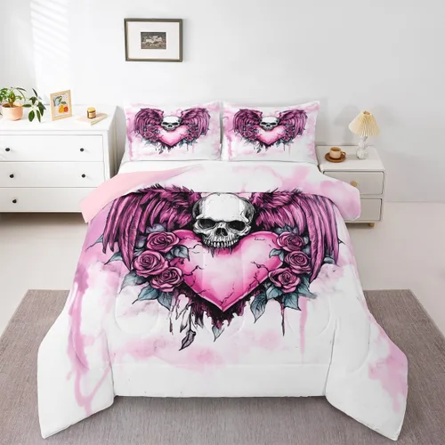 Vista 9 de Juego de edredón de polilla de la muerte, juego de ropa de cama tamaño individual, diseño de calavera gótica, flores botánicas, juego de edredón