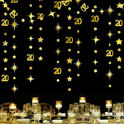 Vista 10 de Decoraciones negras de 20 cumpleaños número 20 círculo estrella metálica colgante serpentina telón de fondo para mujeres y hombres saludos a 20 años