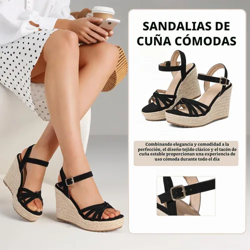 Vista 5 de mikarka Sandalias de tacón de cuña para mujer: alpargatas con plataforma de Tacón de cuña de 3.94"/Nubuck negro