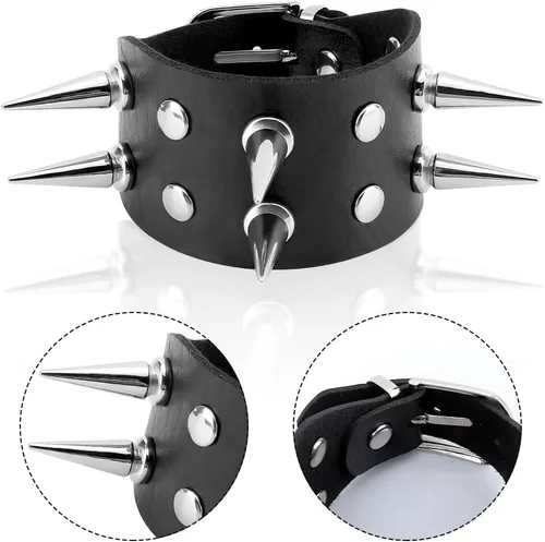 Vista 5 de Pulsera con tachuelas, Spike Punk Goth Punk de cuero para mujeres y hombres