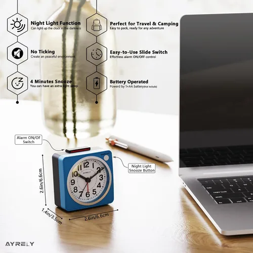 Vista 2 de AYRELY® Reloj despertador analógico de viaje ultra pequeño de 2.6 x 1.4 pulgadas, silencioso, sin tictac, con repetición y luz, reloj retro de Azul