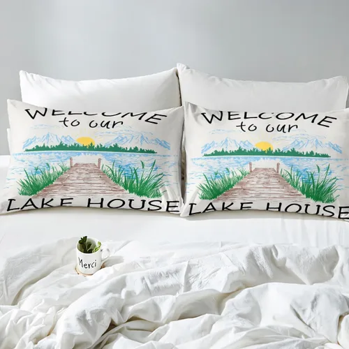 Vista 5 de Lake House Sábanas bajeras tamaño individual, sábana dibujada a mano con paisaje de lago y montaña para niños, niñas, niños y adultos, decoración