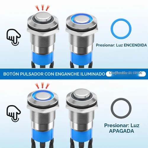 Vista 3 de Interruptor de botón de enganche DaierTek de 12 mm, interruptor de botón de 12 V, carcasa plateada, luz LED azul iluminada, interruptor impermeable