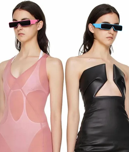 Vista 6 de Gafas de sol pequeñas para mujeres y hombres, futuristas alienígenas, color negro, lentes de sol rectangulares con marco brillante de los años 90