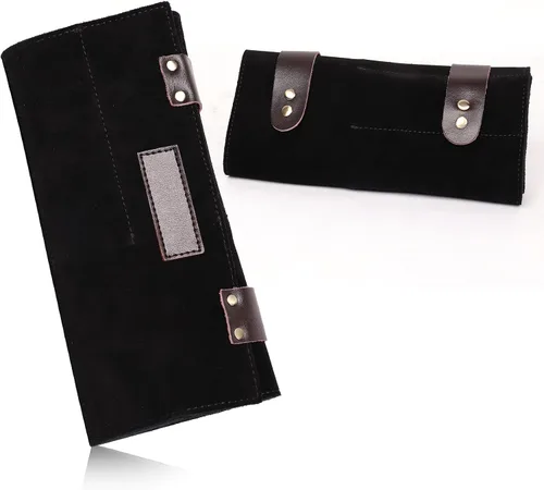 Vista 5 de Bolsa de tijeras de salón enrollable, 12 bolsillos de cuero genuino para estilista, soporte para tijeras de peluquería para peluquería Hj-ZP011-negro