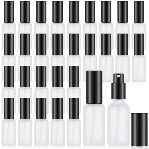 Vista 12 de Roshtia 30 botellas vacías decorativas transparentes de 0.33 onzas fluidas de color madera de haya con atomizador de perfume recargable, con bomba