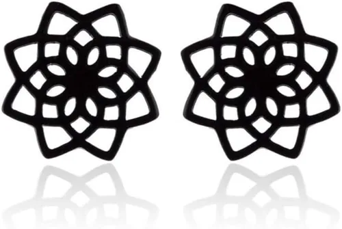 Vista 3 de Aretes de tuerca de acero inoxidable con diseño geométrico de flor de loto y flor de loto para mujer Dorado
