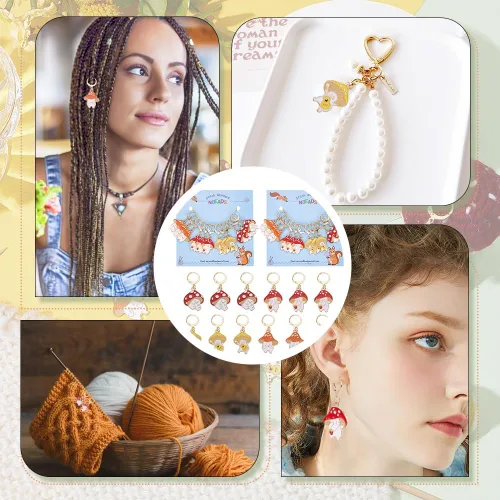 Vista 6 de NBEADS 24 marcadores de puntada de elfo con forma de hongo, esmalte de aleación, dijes de ganchillo extraíbles para tejer, tejer, accesorios