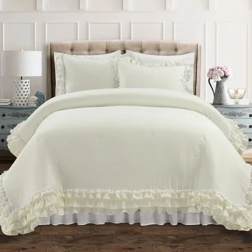 Vista 11 de Lush Decor Ella Ruffle Colcha de Encaje con Volantes, Juego de 3 Piezas, King, Marfil - Bonito Juego de Cama - Ropa de Cama King - Ropa de Cama