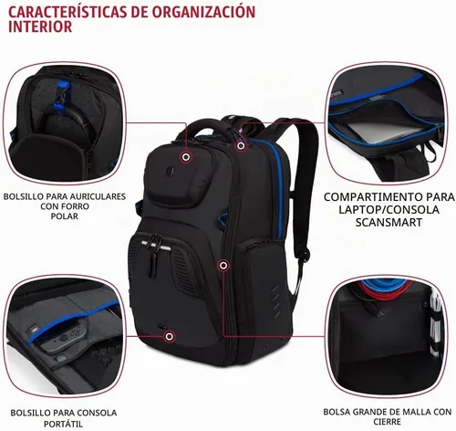 Vista 4 de SwissGear Mochila para laptop para juegos con puerto de cargador (USB), azul/negro