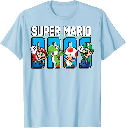Vista 80 de Super Mario Bros Characters Letter Fill Graphic T-Shirt Camiseta, Negro