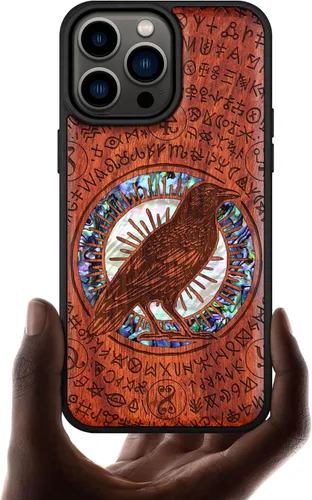 Vista 16 de Carveit Funda magnética de madera de diseñador para iPhone 14 Pro Max, grabado en madera e incrustaciones de concha, funda de madera única