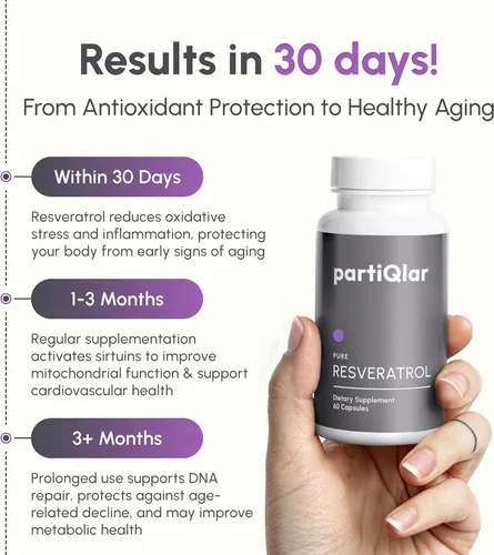 Vista 5 de partiQlar Trans-Resveratrol 500mg - Suplemento de resveratrol de alta pureza para antienvejecimiento, salud cardíaca y energía celular, potente