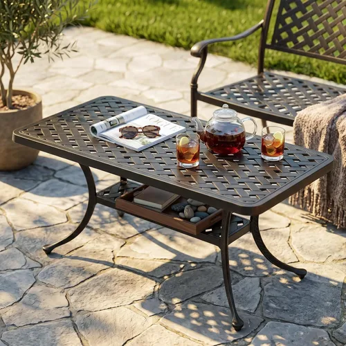 Vista 11 de VIVIJASON Mesa de centro de aluminio fundido para exteriores, mesa rectangular de conversación de patio de 42 x 24 pulgadas con parte superior