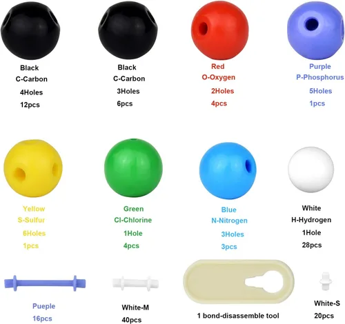 Vista 3 de 136pcs Química Orgánica Modelo Molecular Set para Estudiantes y Profesores Inorgánica y Orgánica Química Académica Educación 59 átomos y 76 Enlaces