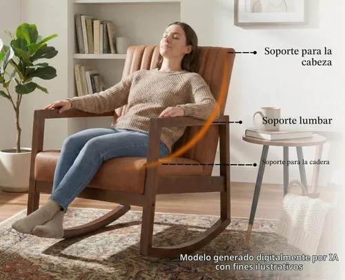 Vista 3 de CIMOTA Mecedora moderna de cuero de mediados de siglo, silla tapizada con brazo con asiento acolchado, marco de madera, cómoda mecedora para sala
