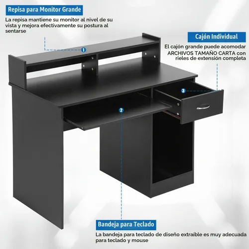 Vista 7 de PayLessHere Escritorio de oficina, escritorio para computadora con cajones, bandeja para teclado, escritorio de estudio de 43 pulgadas para el hogar