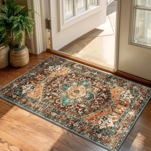 Vista 39 de Yamaziot Tapete lavable de 2 x 3 pulgadas, para entrada pequeña, antideslizante, estilo bohemio vintage, reverso de goma, lana sintética de pelo