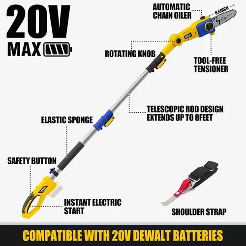 Vista 8 de Sierra de poste telescópica inalámbrica de 8.6 pulgadas para batería Dewalt de 20 V (solo herramienta), sierra de poste eléctrica de 14 pies
