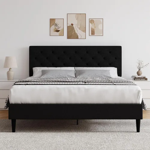 Vista 15 de HOMBCK Base de cama de tamaño individual con cabecera, base de cama tapizada con plataforma de lino para niños, base de cama de tamaño individual