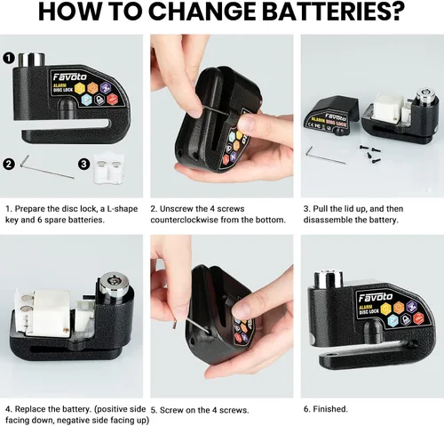 Vista 6 de Favoto Bloqueo de disco de alarma, 3 llaves y 18 baterías (5 años de disponibilidad), candado de freno de seguridad antirrobo impermeable de 110 dB