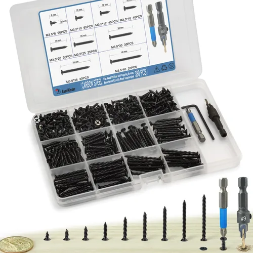 Vista 11 de Kit surtido de 440 piezas de tornillos de cabeza plana Phillips para madera, tornillos autorroscantes de acero al carbono con taladro para madera