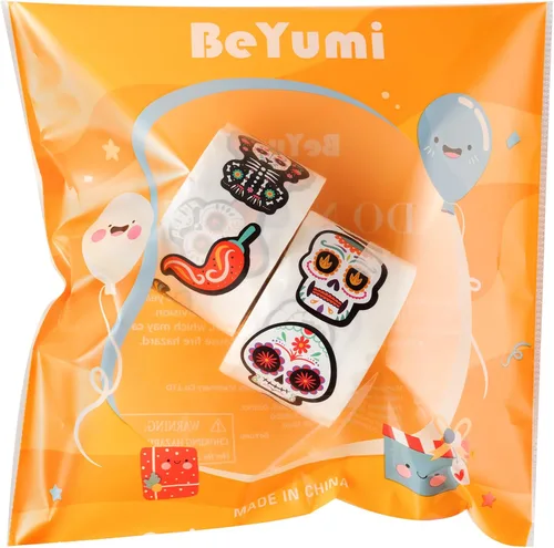 Vista 6 de BeYumi Calcomanías en rollo de calavera de azúcar, 1000 unidades, calcomanías del Día de los Muertos en 2 rollos Dia de Los Muertos Calavera