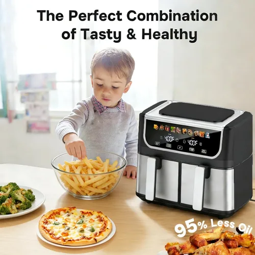 Vista 8 de Simple Deluxe Freidora de aire de doble cesta de 9.5 cuartos de galón, freidora de aire preestablecida digital 10 en 1 de 1700 W, cocina