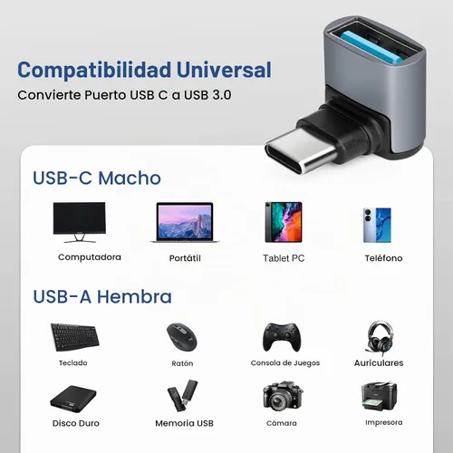 Vista 2 de Adaptador USB C a USB 3.1 OTG de 90 grados (paquete de 2), adaptador USBC tipo C macho a USB hembra, transferencia de datos 10G para smartphone USB