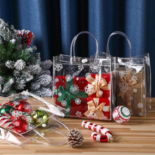 Vista 4 de Gueevin 60 piezas de bolsas de regalo de Navidad transparentes con asas, bolsas de plástico a granel para dulces, con temática de copo de nieve