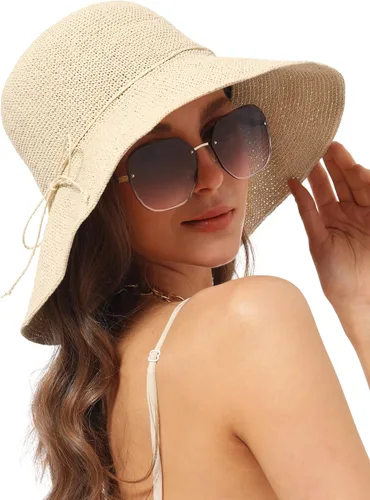 Vista 8 de Sombrero de paja para mujer, ala ancha, plegable, protección UV, gorra de verano para playa, UPF 50+ Caqui