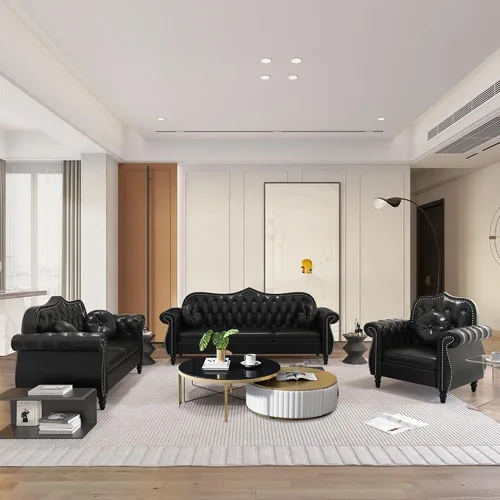 Vista 6 de AVZEAR 82" Sofá de tres plazas de cuero, sofá Chesterfield, sofá tapizado en PU de estilo moderno de mediados de siglo, sofá de sala de estar