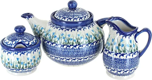 Vista 2 de Cerámica polaca de rosa azul, juego de té de 3 piezas de flor de manzana, tetera de 4 tazas, cerámica polaca pintada a mano, servicio de café y té