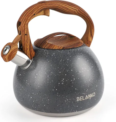 Vista 10 de BELANKO Hervidor de té de 2.7 cuartos de galón para estufas, tetera de acero inoxidable de grado alimenticio con silbato fuerte, mango de madera