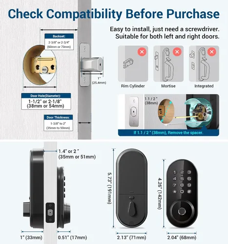 Vista 6 de TEEHO TE342 Cerradura inteligente de puerta de entrada sin llave con teclado, control remoto de aplicación Bluetooth, cerrojo electrónico para Negro