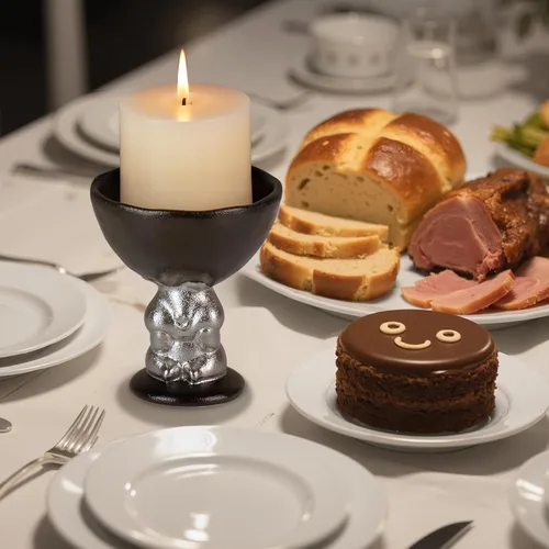 Vista 5 de KAMMAK Portavelas de cerámica con base de figura de conejo plateado, soporte de pedestal festoneado negro mate para velas de pilar, diseño inspirado