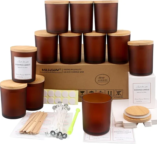 Vista 21 de MILIVIXAY Paquete de 12 tarros de vela de vidrio ámbar de 7 onzas con tapas y kits de fabricación de velas, tarros de velas vacíos a granel