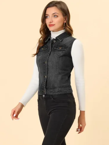 Vista 2 de Allegra K Chaleco de mezclilla lavado con botones para mujer, con bolsillos con solapa en el pecho