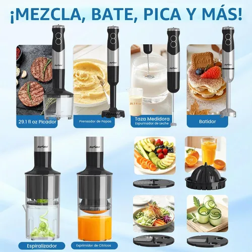 Vista 2 de Batidora de inmersión profesional 6 en 1, licuadora de mano resistente con 12 velocidades y 10 accesorios, picadora de alimentos de 20 onzas
