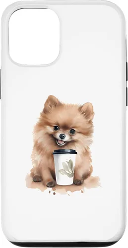 Vista 28 de iPhone 16 Pomerania perro con café estilo acuarela caso