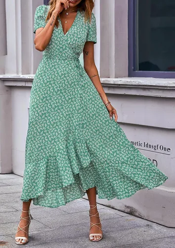 Vista 3 de PRETTYGARDEN - Vestido largo de verano cruzado para mujer, con cuello en V, estilo bohemio, floral, manga corta, dobladillo con volantes
