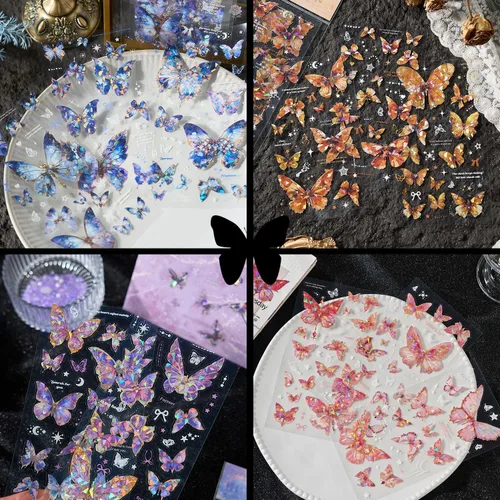 Vista 3 de Calcomanías de mariposa (18 hojas/más de 500 piezas) coloridas holográficas con purpurina para PET, calcomanías transparentes para álbumes