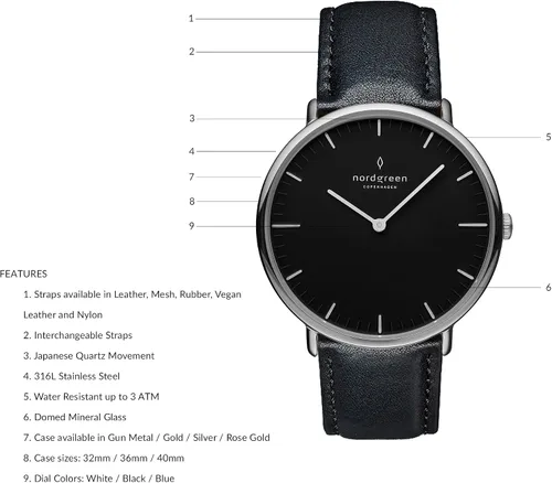 Vista 2 de Nordgreen Reloj nativo escandinavo plateado con esfera negra y correas intercambiables