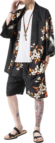 Vista 3 de PRIJOUHE Mens Kimono Two Piece Set Japanese Yukata Summer Beach Outfits