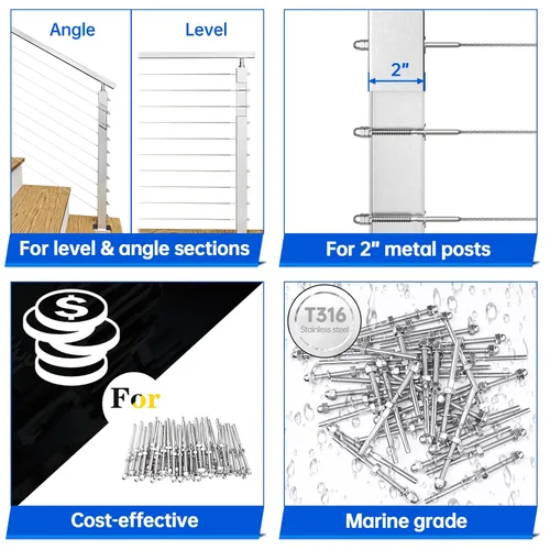 Vista 3 de Muzata Paquete de 10 accesorios de barandilla de cable de 1/8 pulgadas, tensor roscado a mano para poste de metal de 2 x 2 pulgadas, sistema