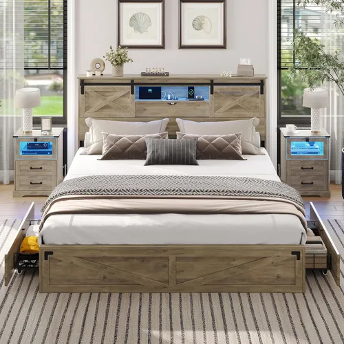 Vista 12 de Base de cama de tamaño King de estilo granja de Hasuit con estante de almacenamiento, cabecero, cama de madera King con luces LED, estación de Roble