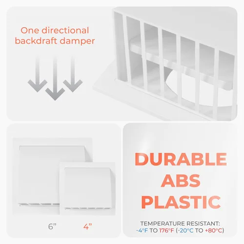 Vista 3 de Capucha de ventilación de plástico ABS blanco con solapa, ajuste de 4 pulgadas, para sistemas de ventilación de baño, cocina, lavandería y garaje